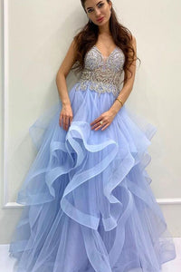 Gorgeous Beaded Blue Tiered Long Formal Gown