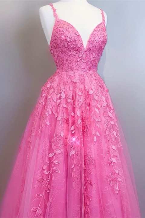 Hot Pink A-line Lace Appliques Prom Dress