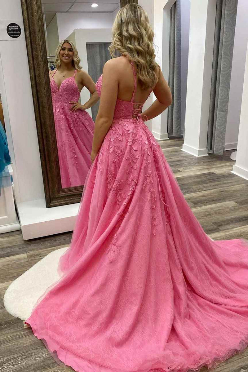 Princess V Neck Lace Appliques Pink Long Prom Dresses, V Neck Pink Lace  Formal Dresses, Pink Lace Evening Dresses