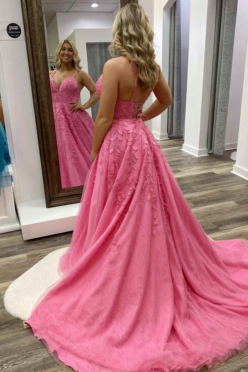 Light pink lace applique tulle long prom dress, Pink lace applique