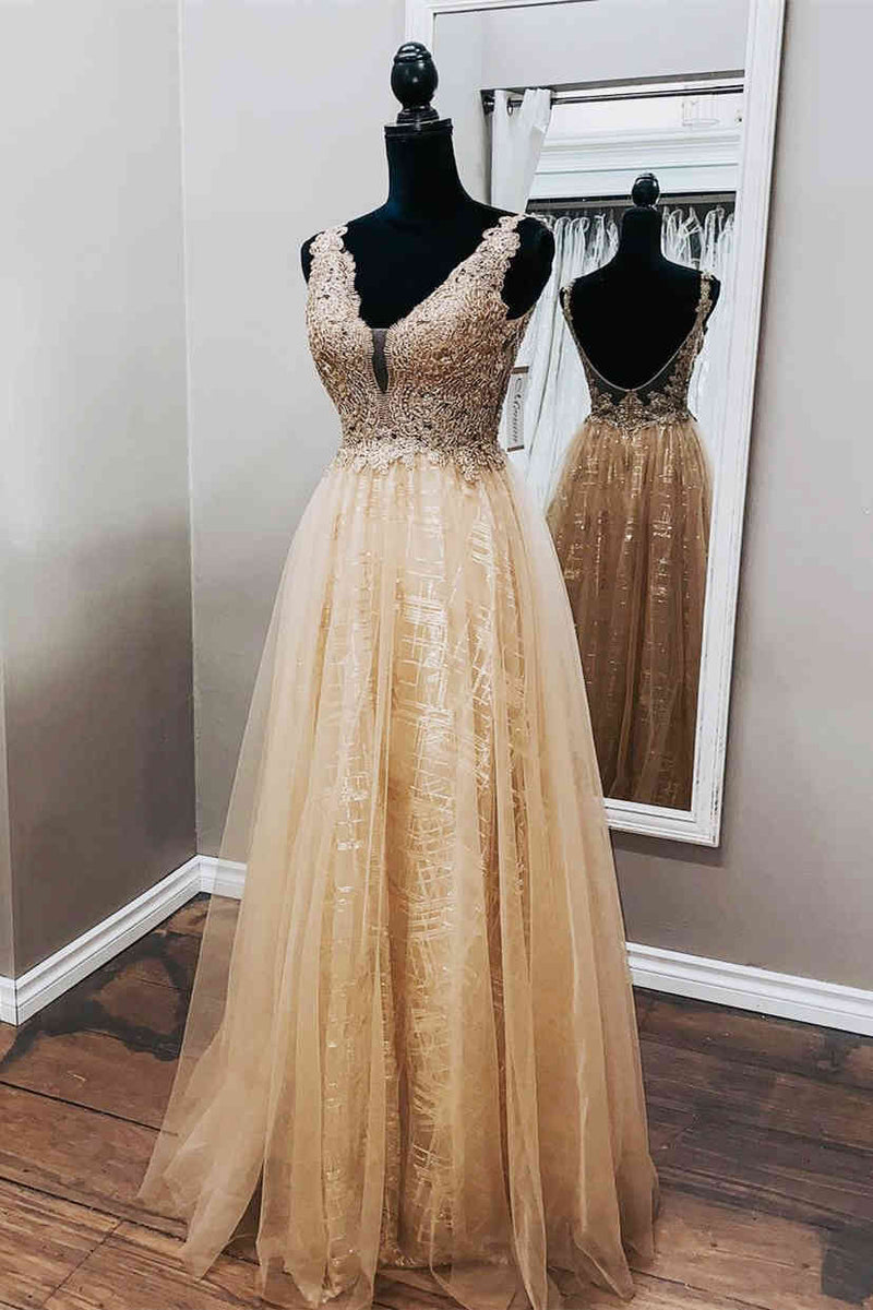 A-Line Champagne Tulle Formal Dress with Appliques