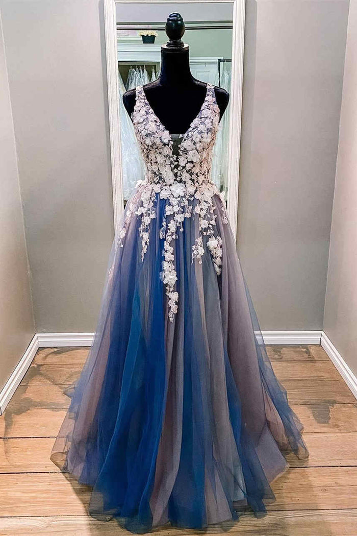 V-Neck White and Blue Prom Dress with Appliques