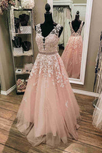 V-Neck Sleeveless Pink Prom Dress with Embroidery