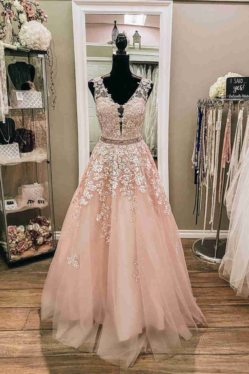V-Neck Sleeveless Pink Prom Dress with Embroidery