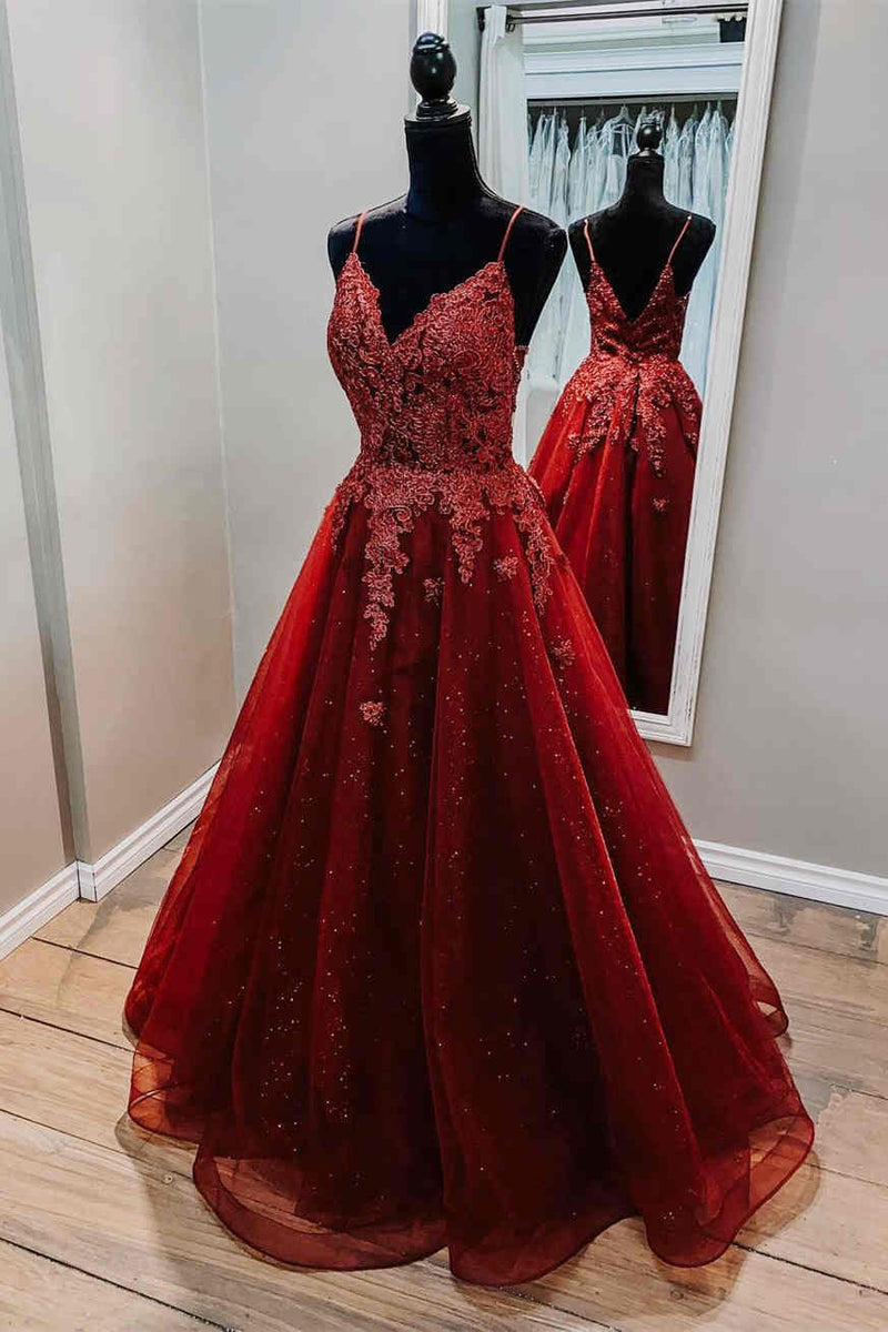Glitter Red tulle Formal Dress with Lace Top