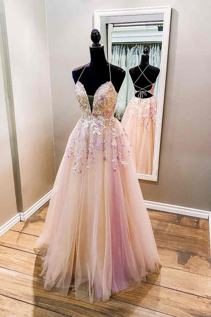A-Line Straps Pink Long  Formal Dress