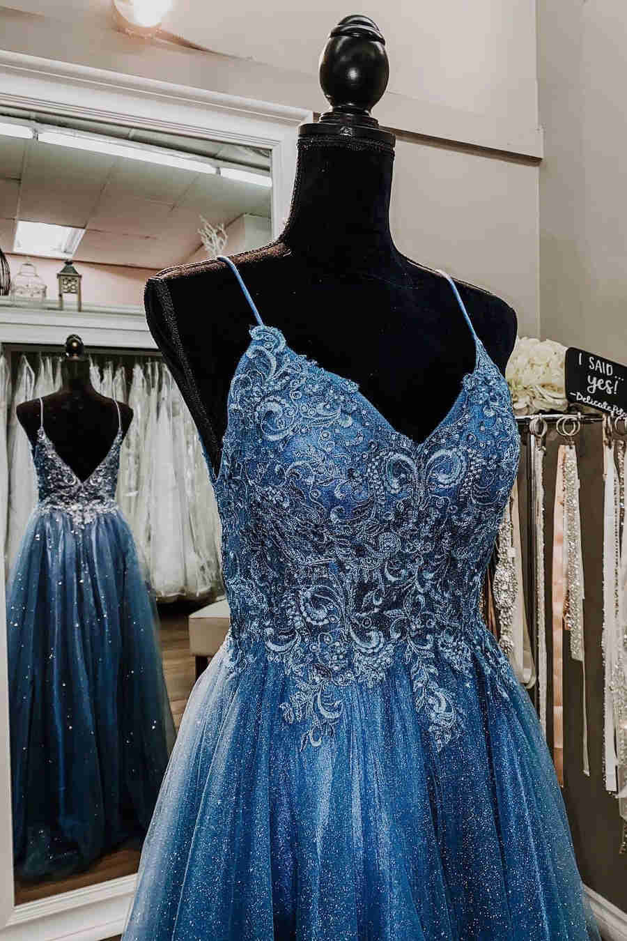 Glitter Straps Beaded Blue Formal Dress