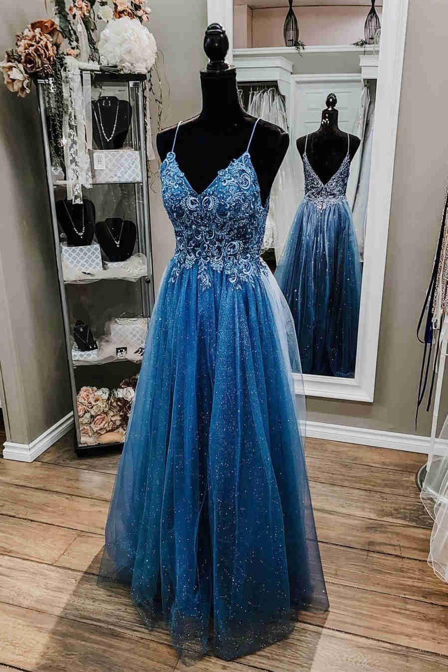 Glitter Straps Beaded Blue Formal Dress