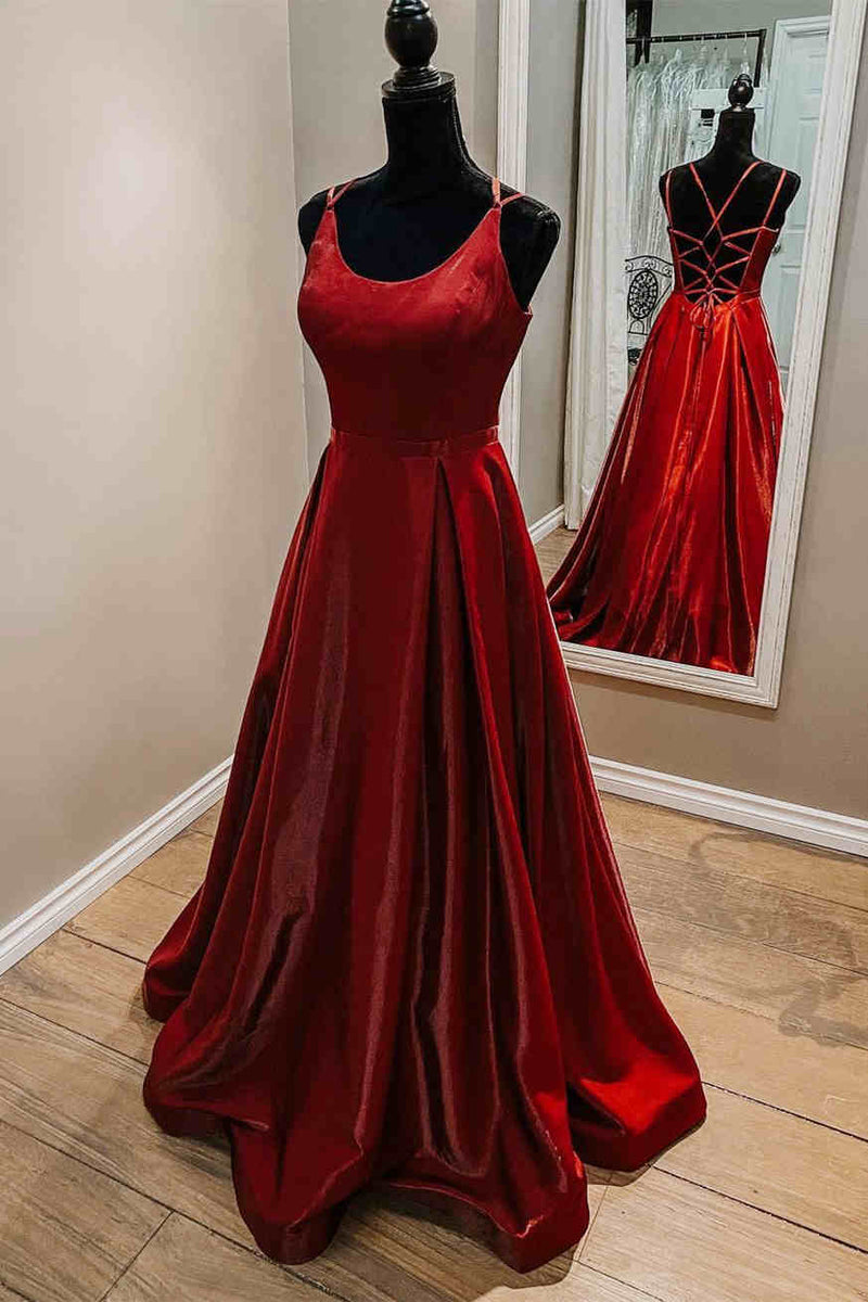 Elegant Red Straps Satin Prom Dress
