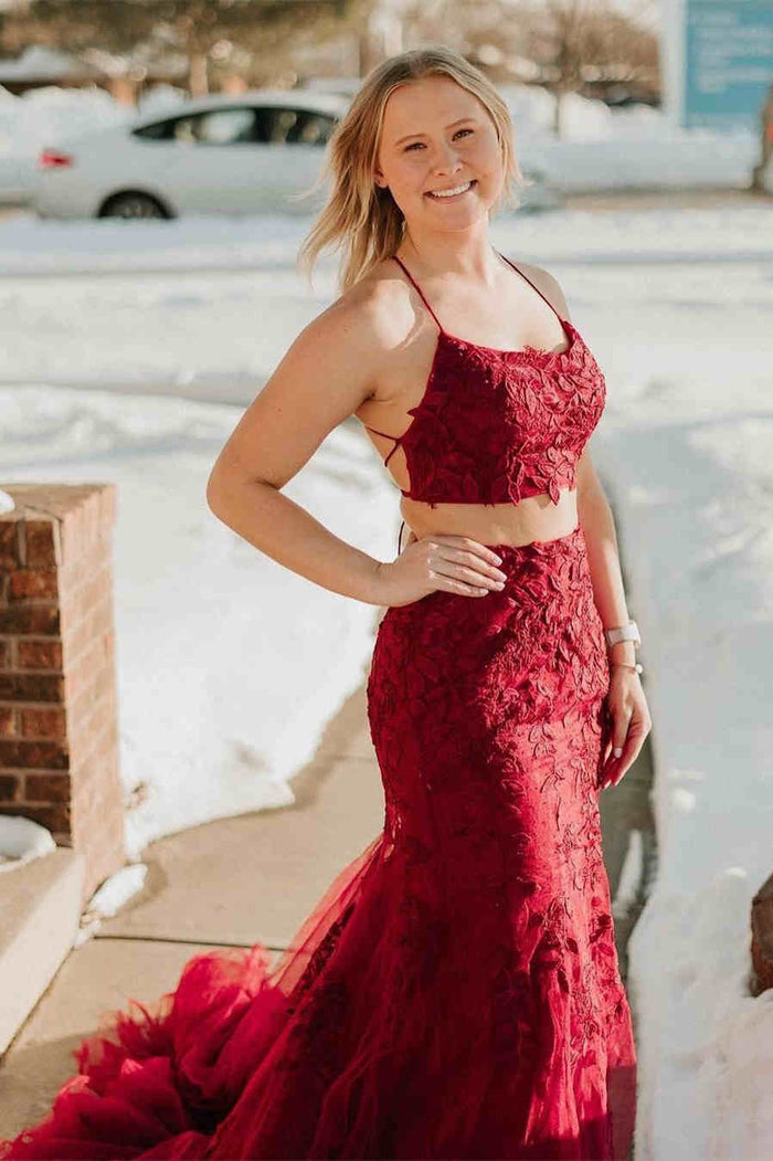 Two Piece Wine Red Mermaid Prom Dress with Appliques