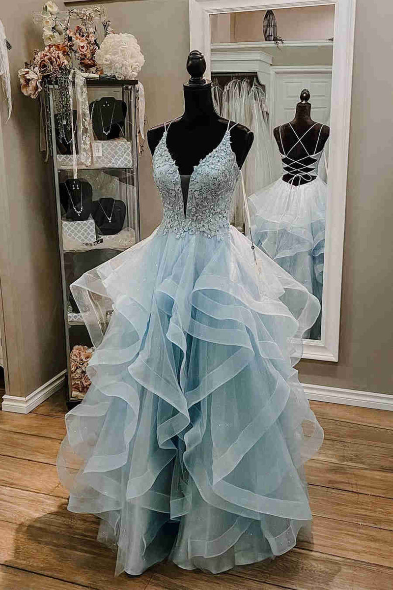 Straps Light Sky Blue Prom Dress with Ruffles