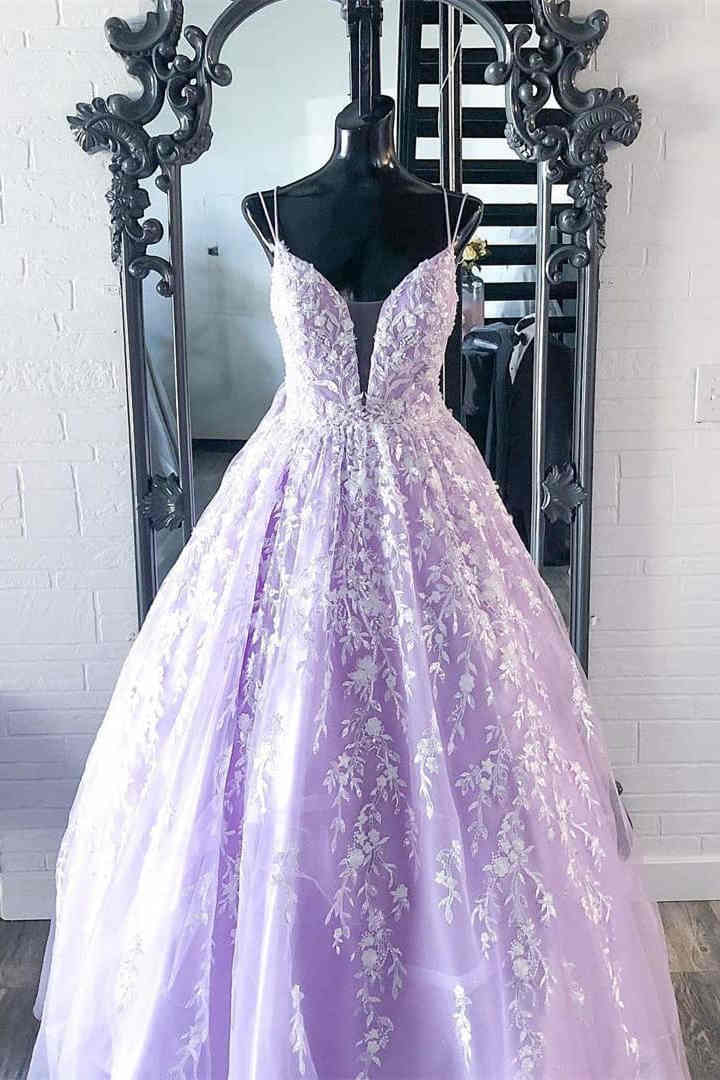 Elegant Straps Lace Appliques Lavender Prom Dress