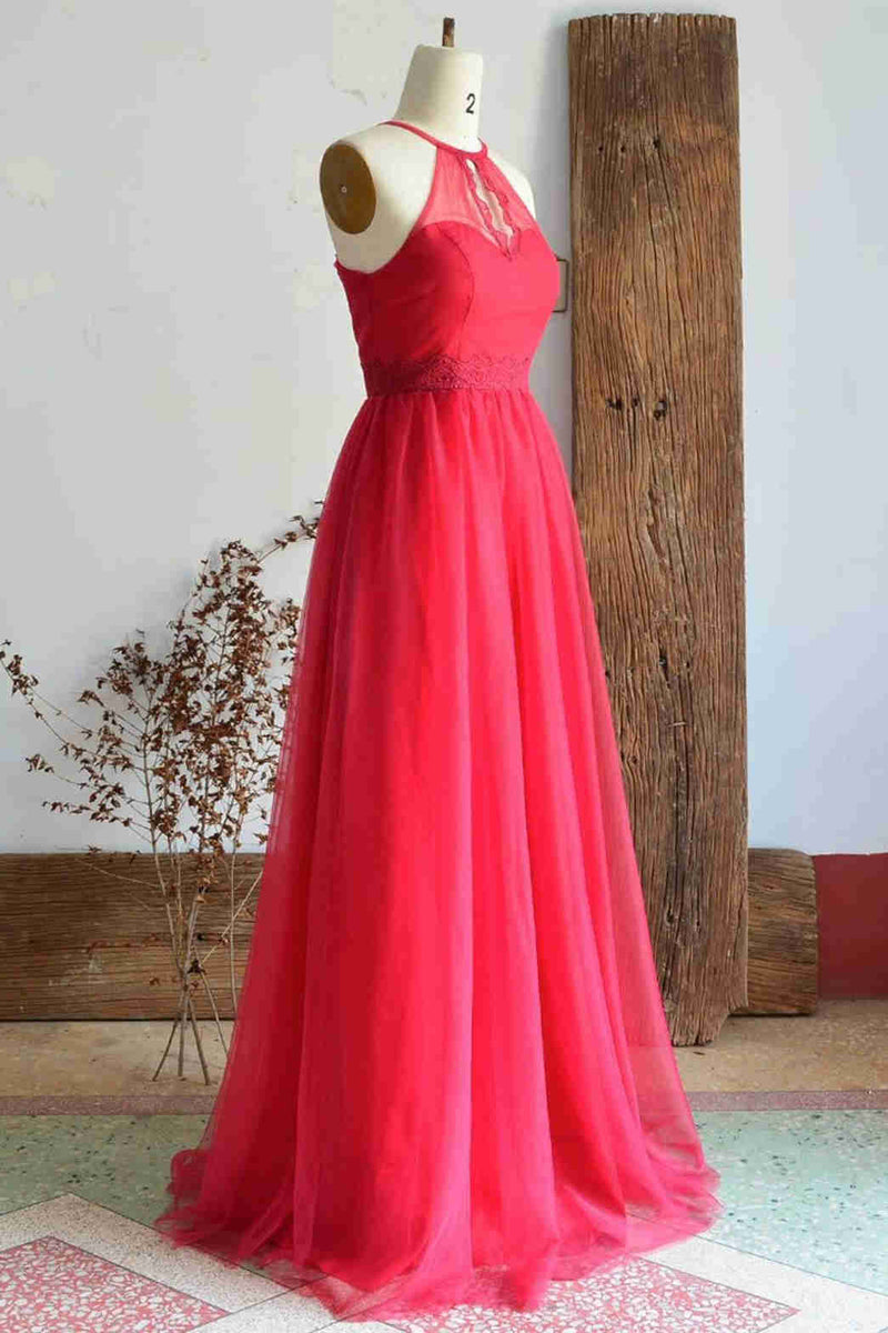 A-Line Halter Hot Pink Long Bridesmaid Dress