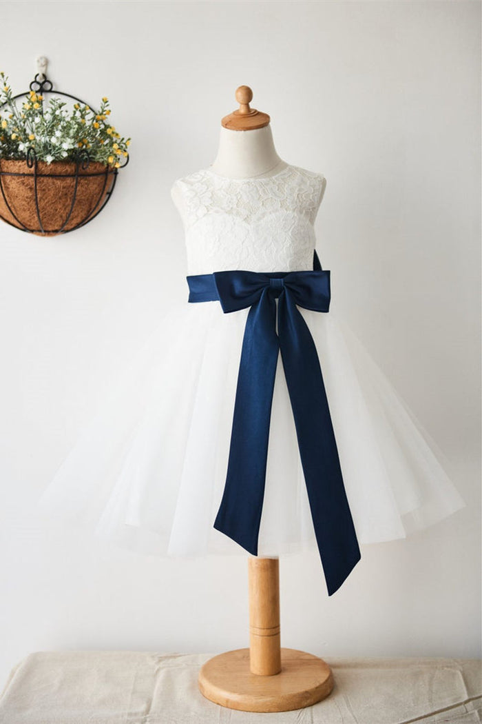 Cut White Lace Flower Girl Dress with Bow Knot