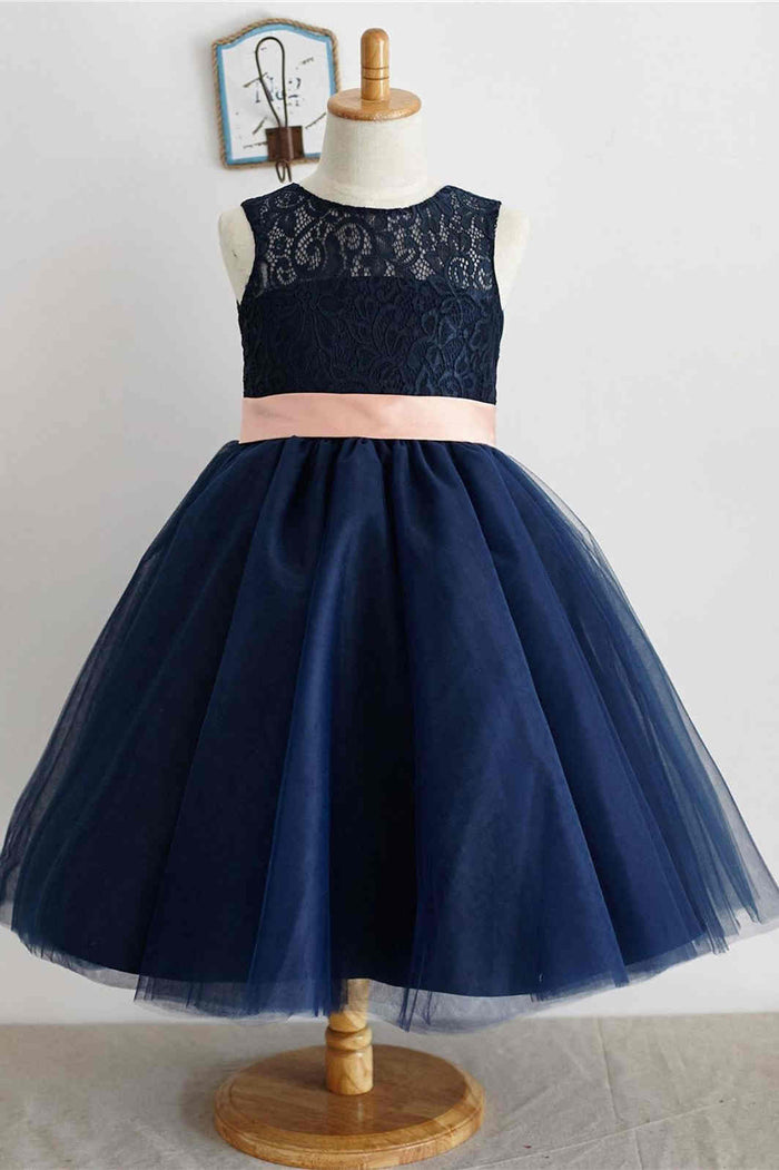 Cute Crew Neck  Navy Blue Flower Girl Dress