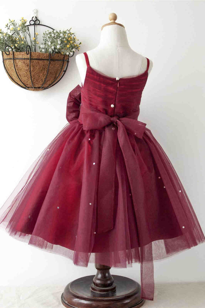 Princess Burgundy Beaded Flower Girl Dress with Flowers