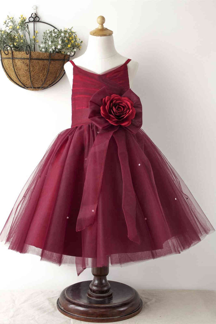 Princess Burgundy Beaded Flower Girl Dress with Flowers