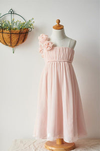 Pearl Pink Pleated Flower Girl Dress with 3D Flowers