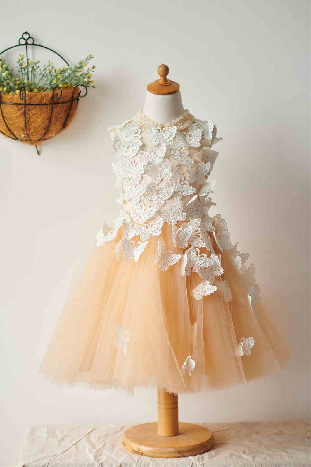 Crew Neck Champagne Flower Girl Dress with Butterfly