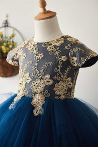 Cute Blue Tiered Tulle Flower Girl Dress with Appliques