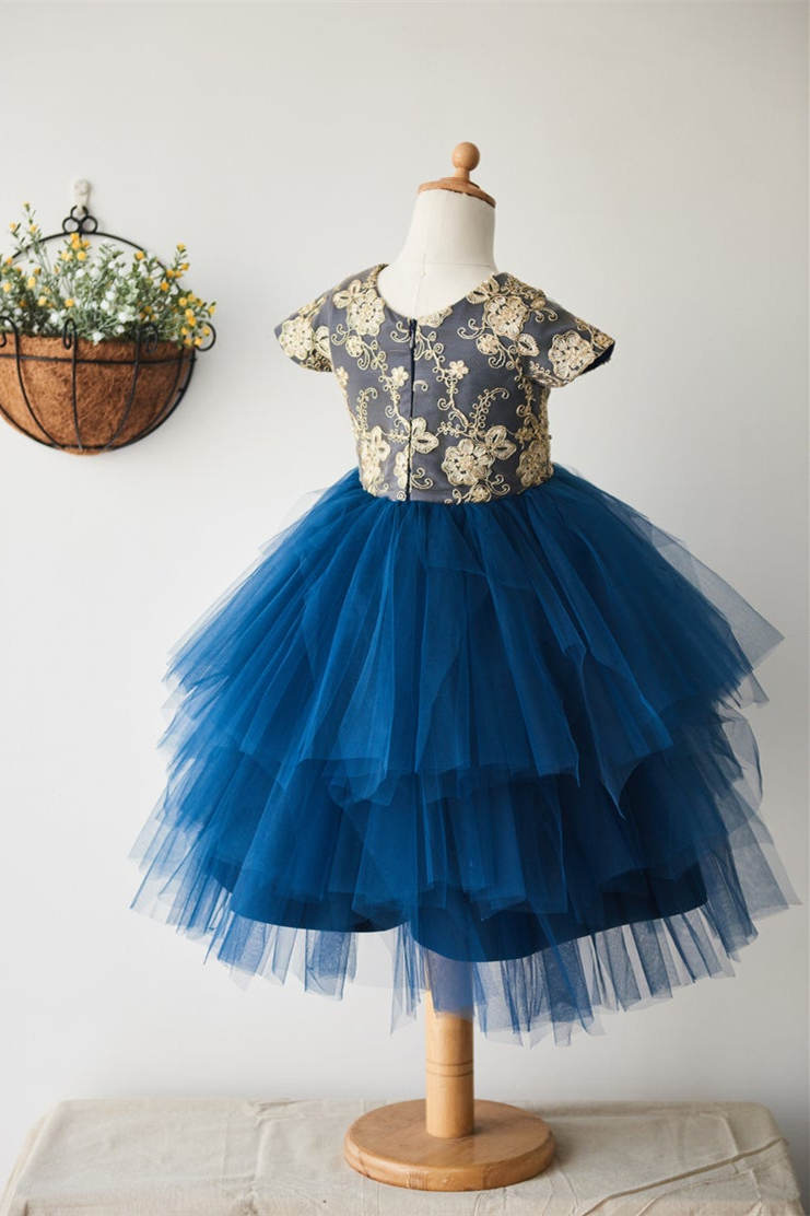 Cute Blue Tiered Tulle Flower Girl Dress with Appliques