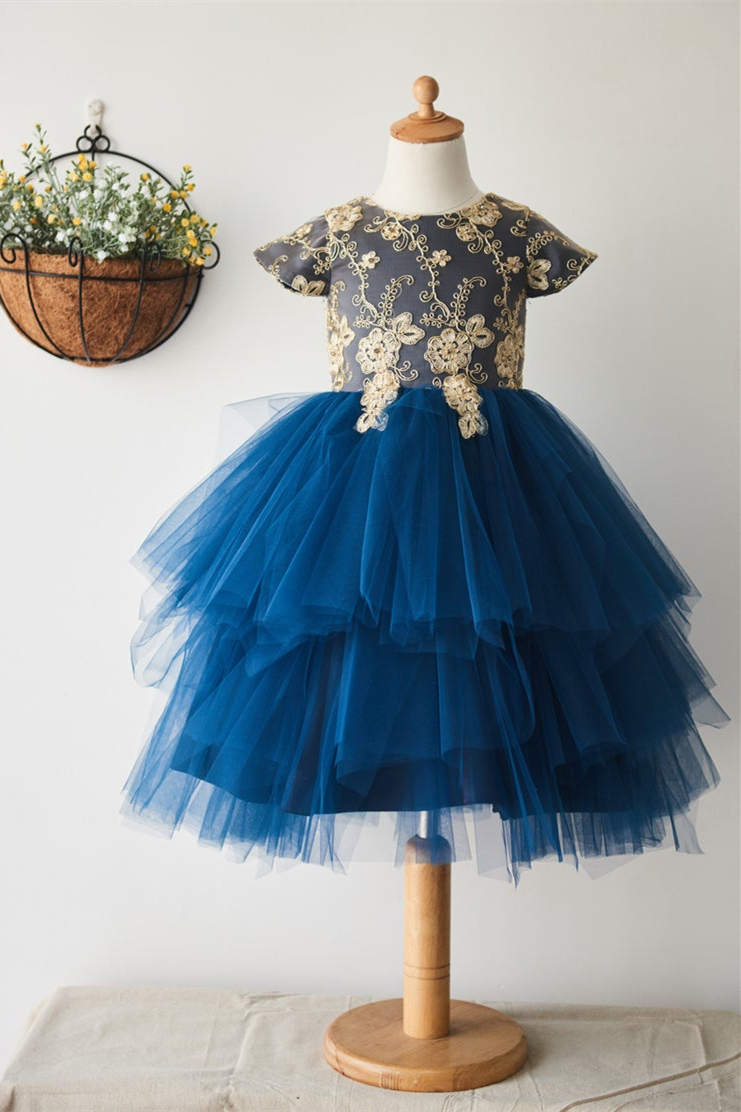 Cute Blue Tiered Tulle Flower Girl Dress with Appliques