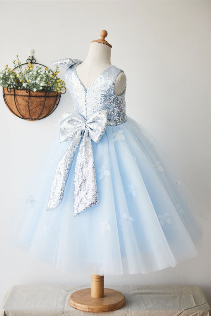 Glitter Baby Blue Sequined Tulle Flower Girl Dress