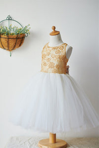Cute Gold and White Flower Girl Dress with 3d Flowers