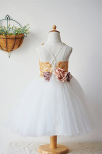 Cute Gold and White Flower Girl Dress with 3d Flowers