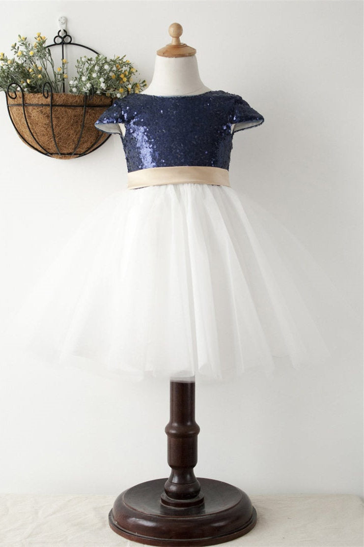 Cute Navy Blue Ball Gown Sequined Flower Girl Dress