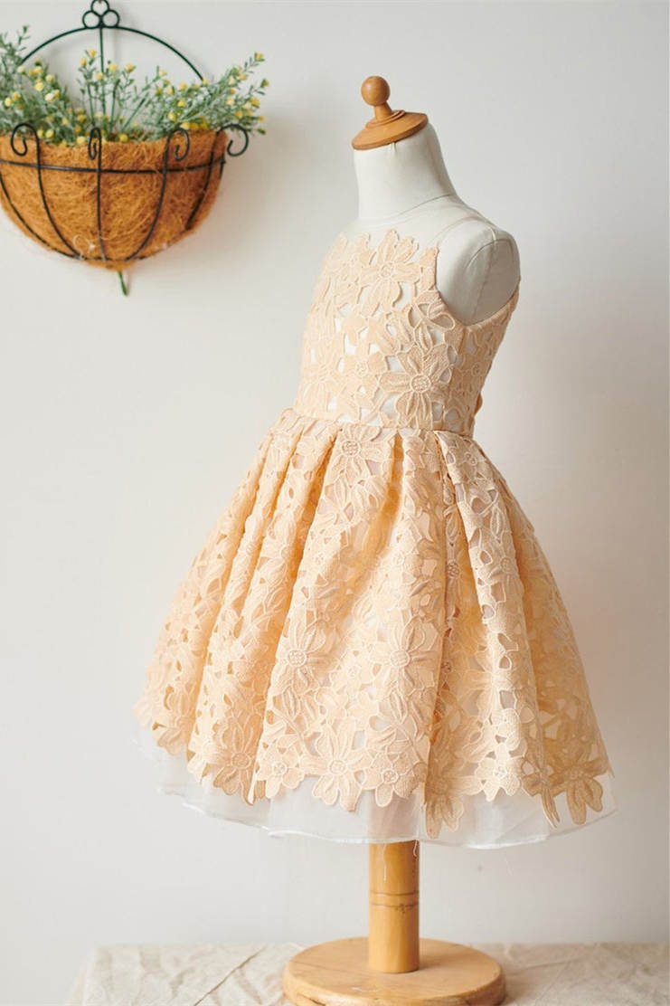 Crew Neck Champagne Lace Flower Girl Dress