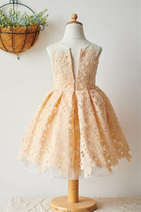 Crew Neck Champagne Lace Flower Girl Dress