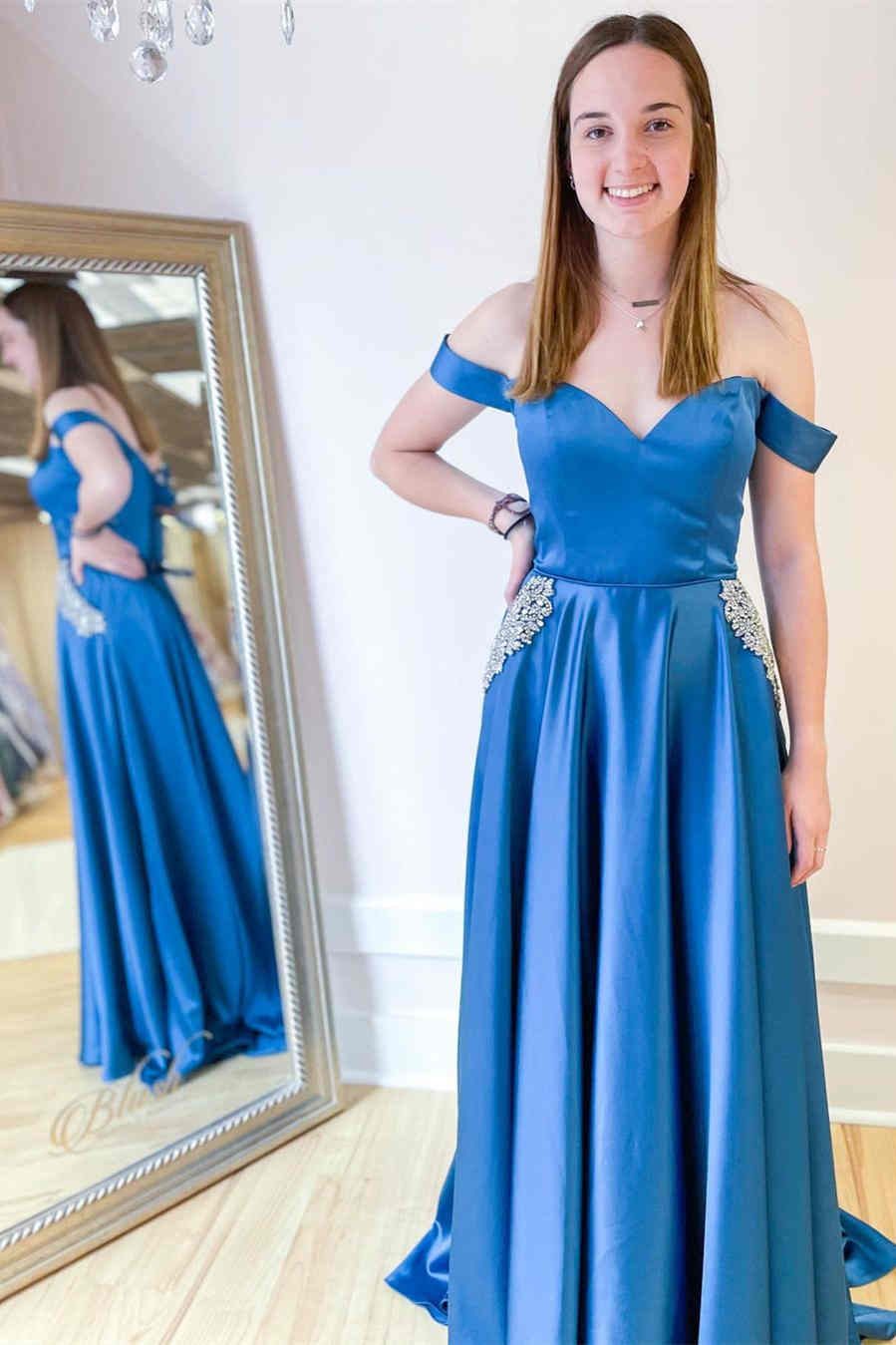 Off the Shoulder Blue Long Prom Dress with beads