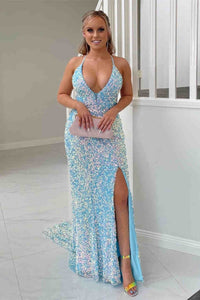 Glitter Halter Light Blue Sequined Prom Dress