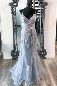 Elegant Mermaid Grey Prom Dress with Embroidery