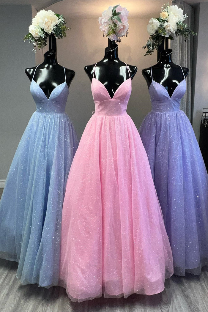 Glitter Pink Halter Tulle Prom Dress