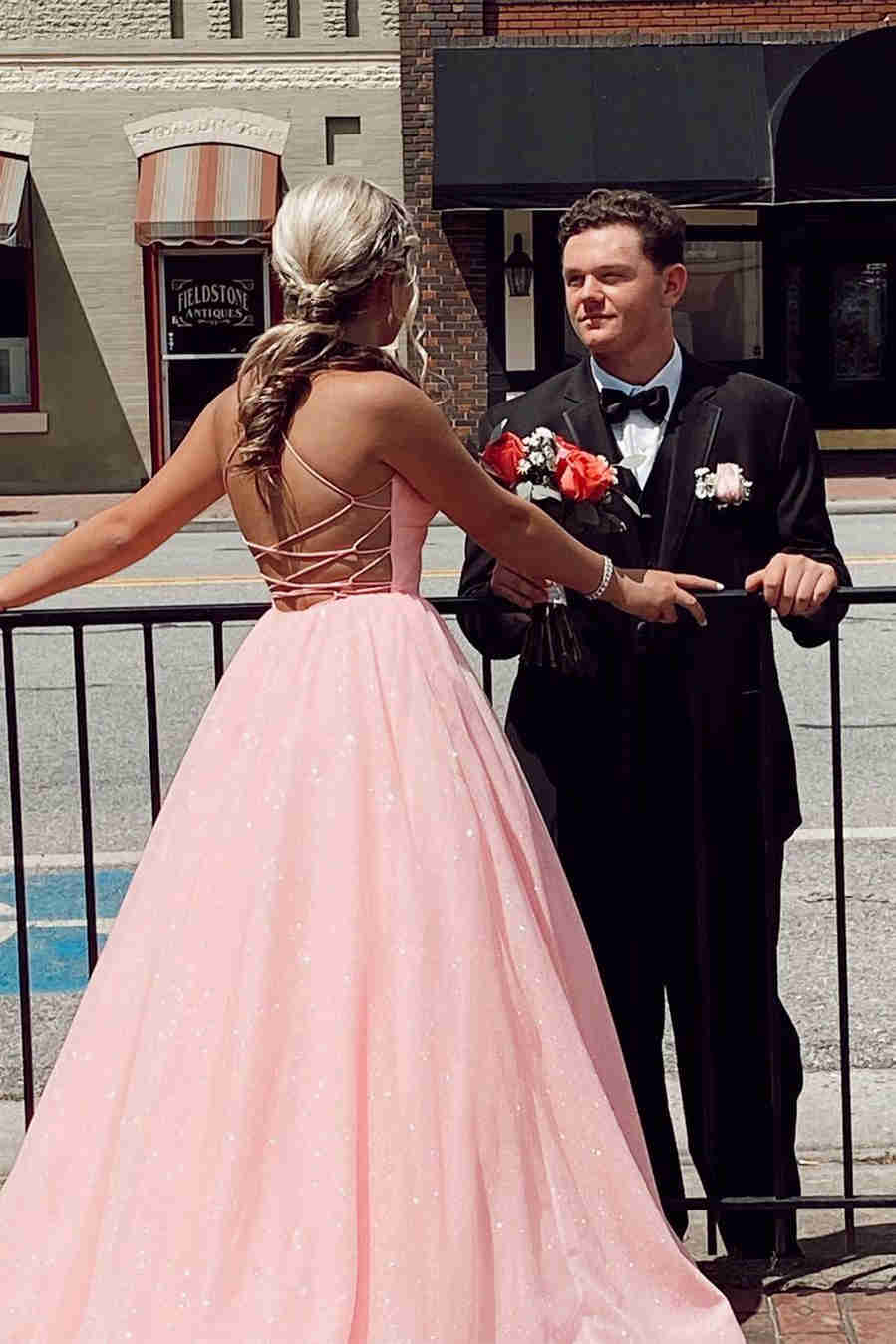 Glitter Pink Halter Tulle Prom Dress – Dreamdressy