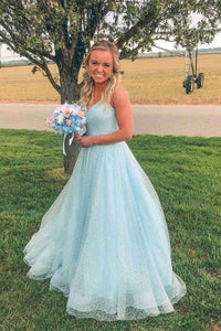 Glitter A-Line Pleated Light Blue Prom Dress