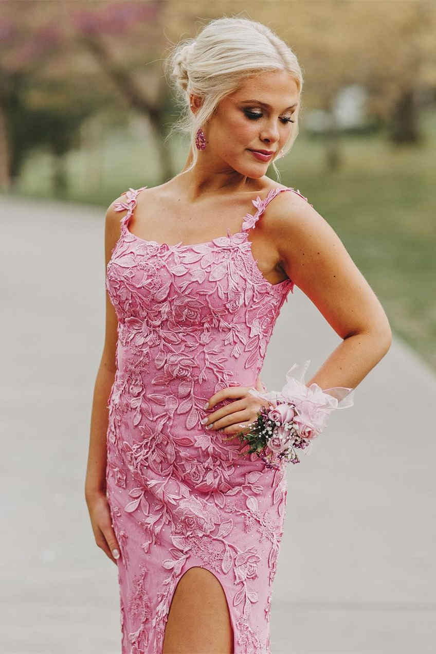 Elegant  Fuchsia Appliqued Prom Dress with Side Slit