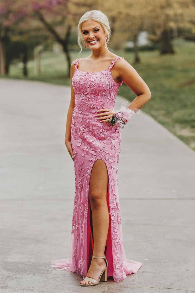 Elegant  Fuchsia Appliqued Prom Dress with Side Slit