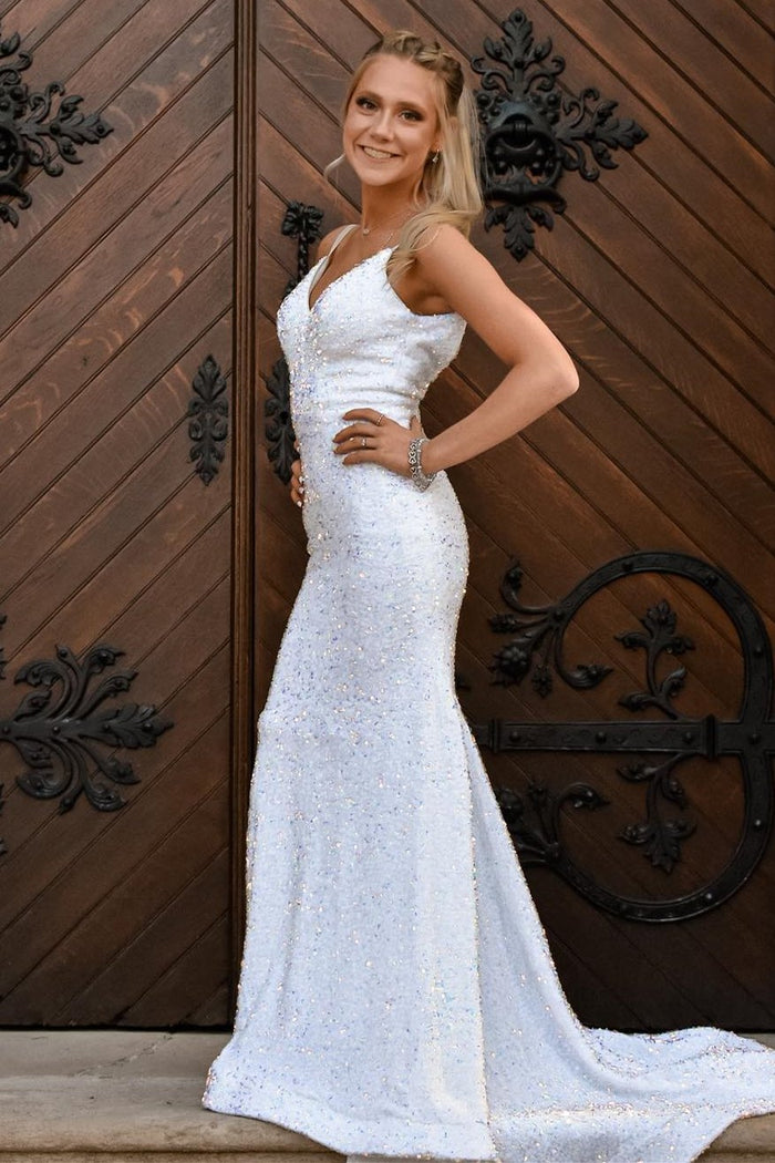 Mermaid White Sequins Long Prom Dress