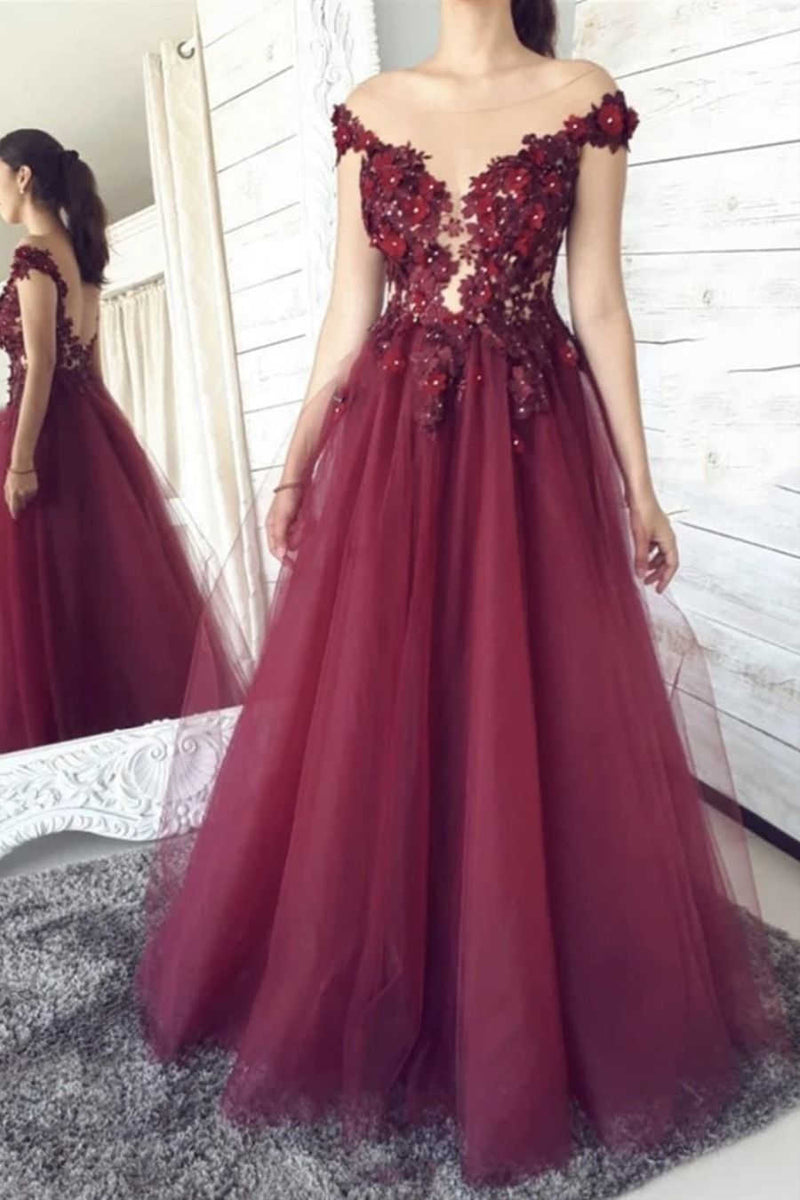 Gorgeous A-Line Burgundy Formal Dress with Flowers