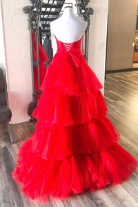 Strapless High Low Tiered Red Tulle Prom Dress