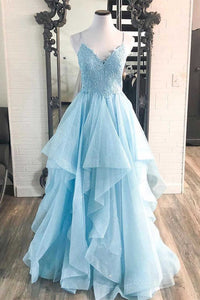 Elegant Light Blue Ruffled Tulle Prom Dress