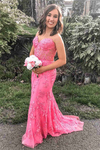 Sweetheart Fuchsia Lace Appliques Prom Dress