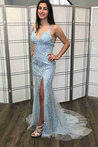 Light Blue Side Slit Prom Dress with Appliques