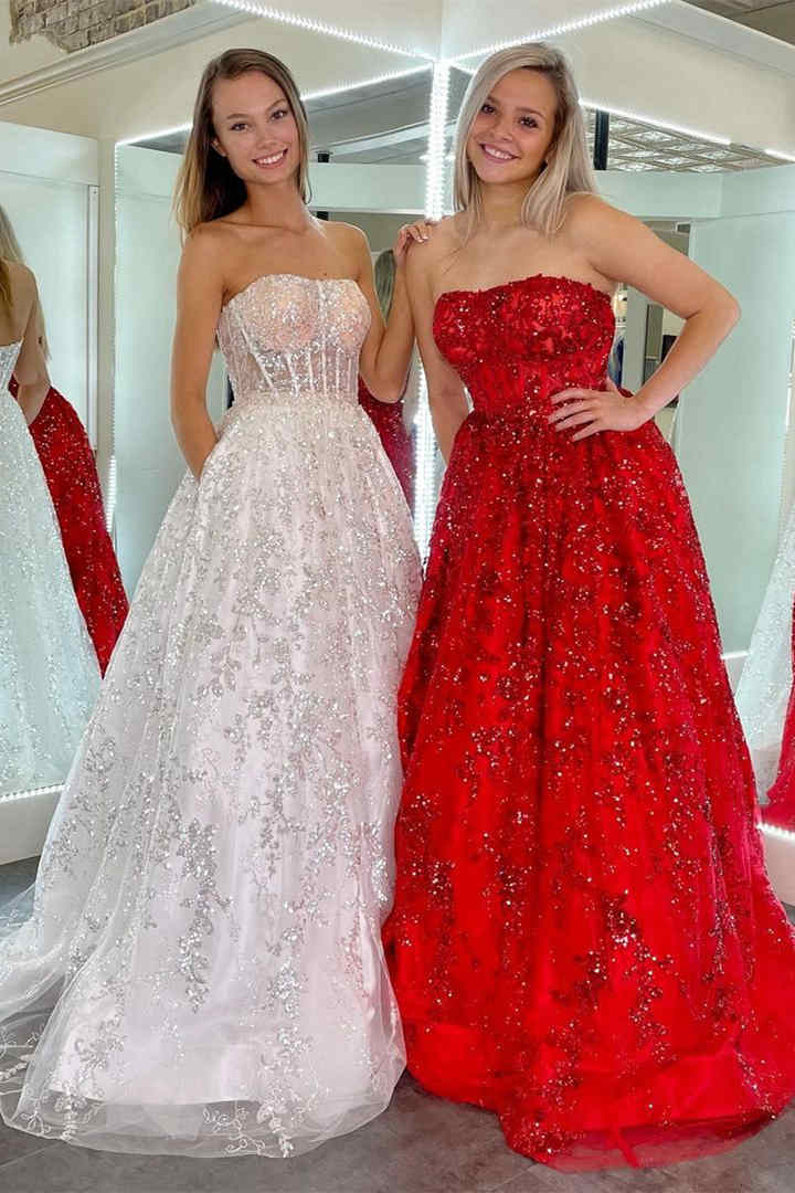 Glitter Strapless Red Long Prom Dress