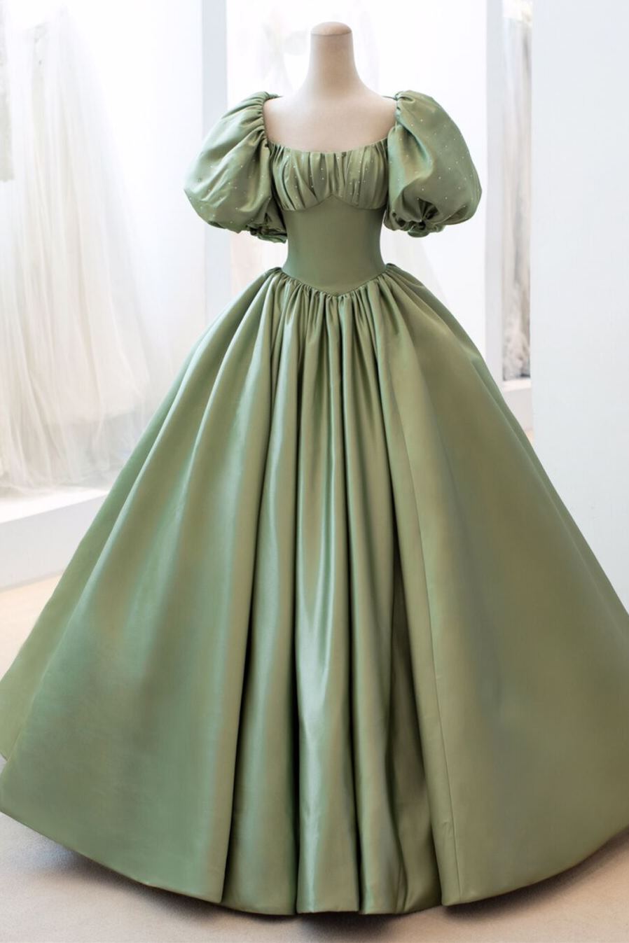 Sage Green Ball Gown with Short Bell Sleeves