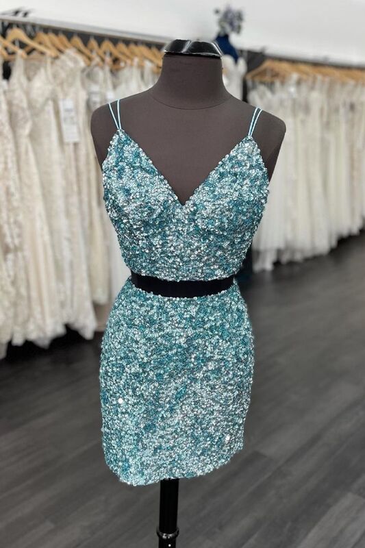 Two Piece Blue Sequins Tight Homecoming Dress