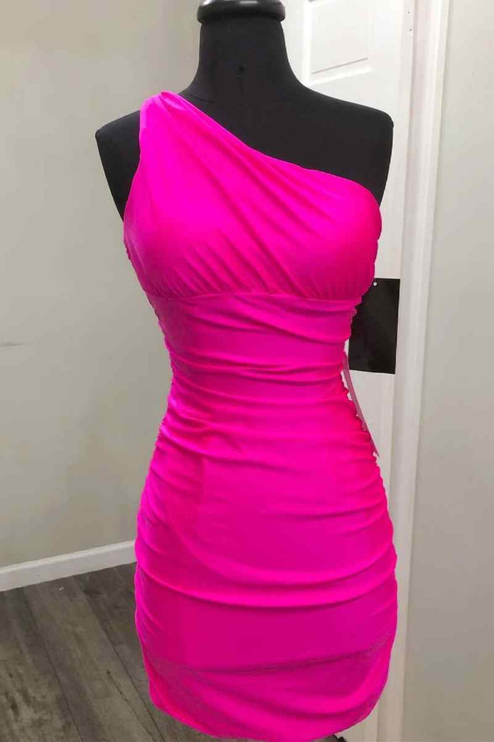Tight One Shoulder Hot Pink Short Homecoming Dress